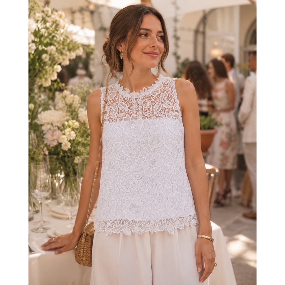 Nanette Lepore Lace Blouse Womens L White Floral Sleeveless Boho Romantic Top‎